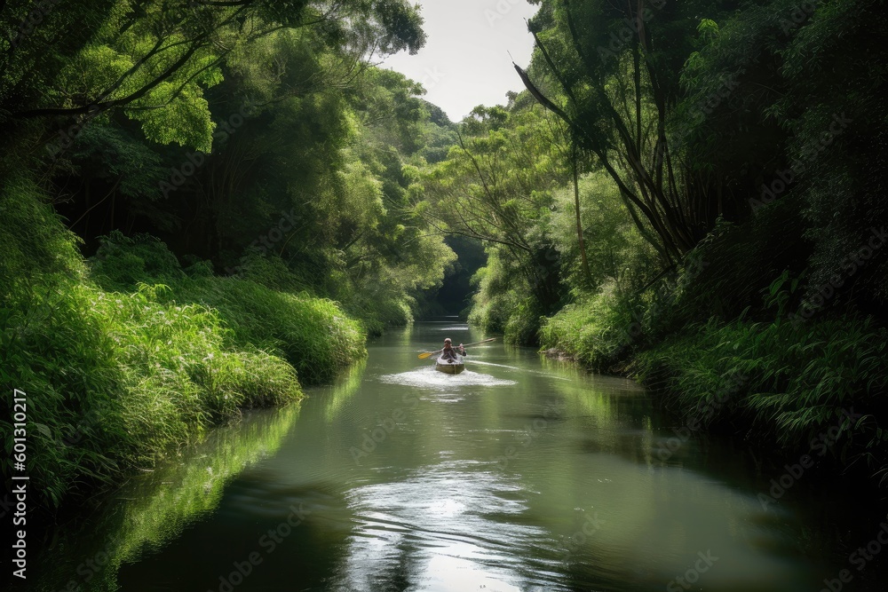 Fototapeta premium person paddling their canoe down tranquil stream, surrounded by greenery, created with generative ai