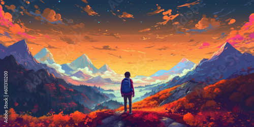 Evening time. Person with backpack standing on top of the mountain, anime style. Beautiful illustration picture. Generative AI