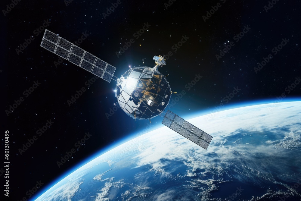 Futuristic Communication Satellite in Orbit around Earth generative ai illustration Futuristic Communication Satellite in Orbit around Earth generative ai illustration