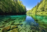 crystal-clear lake surrounded by lush green forest, with bright blue sky above, created with generative ai