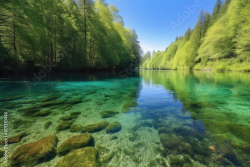 crystal-clear lake surrounded by lush green forest, with bright blue sky above, created with generative ai © altitudevisual