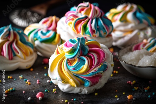 meringue cookie, decorated with swirls of icing and sprinkles, created with generative ai