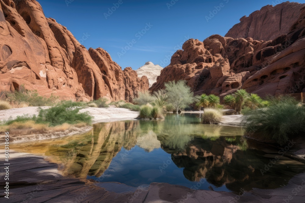 oasis surrounded by towering red rock formations and clear blue sky, created with generative ai