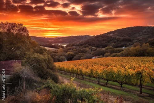 vineyard sunset, with orange and red hues reflecting on rolling hills, created with generative ai