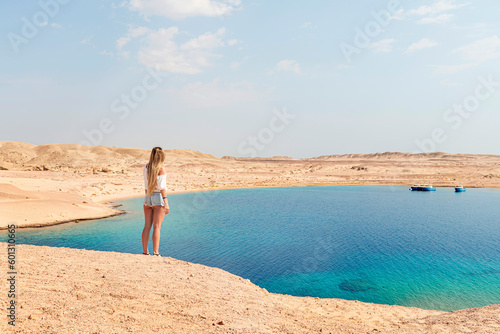 National park Ras Mohammed in Egypt. beautiful seaside with a sandy beach. Landscape with desert, blue sky and sea. Sea view.