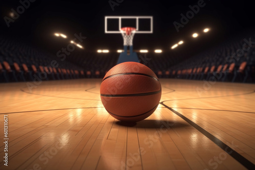 Basketball ball on basketball court in an empty basketball arena, 3d illustration