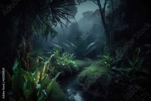 Mysterious and Enchanting Jungle at Night generative ai Illustration  © Ecleposs
