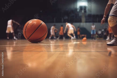 Basketball Training Game Background, Basketball on Wooden Court Floor Close Up with Blurred Players Playing Basketball Game in the Background © alisaaa