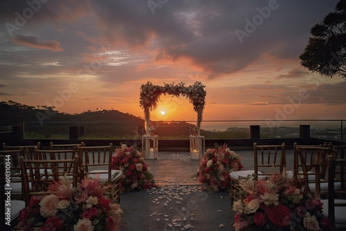 ceremony setup with view of the sunset, creating a romantic and memorable setting, created with generative ai