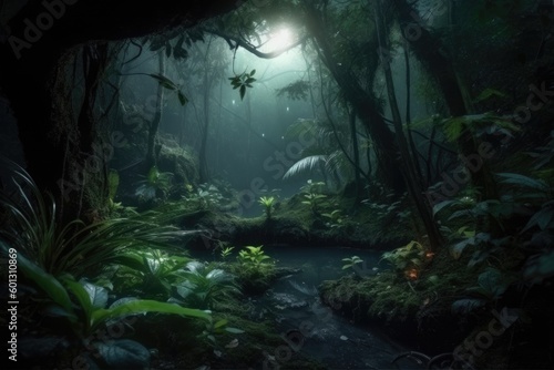 Mysterious and Enchanting Jungle at Night generative ai Illustration 