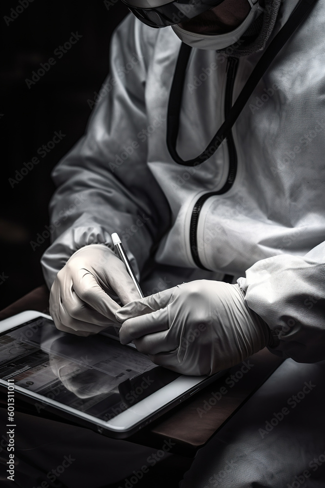Fototapeta premium Doctor hands with tablet anatomy body part hologram, analysis, healthcare or future medical development, Medical industry concept ai generative.