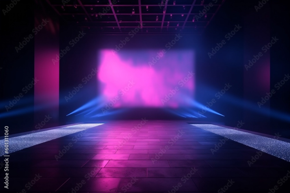 light fog room smoke neon rays space blue background abstract hall. Generative AI. light fog room smoke neon rays space blue background abstract hall. Generative AI.