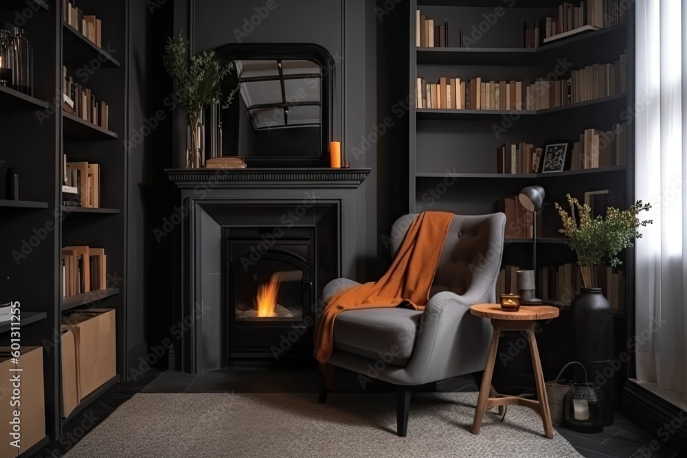 Fototapeta premium lofie interior with cozy armchair, fireplace and bookshelf, created with generative ai