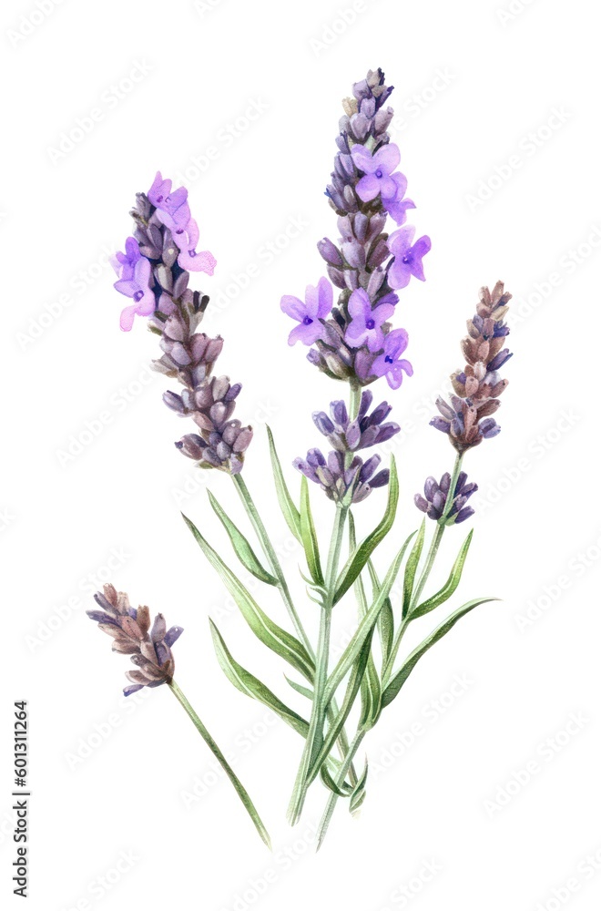 Fototapeta premium Watercolor illustration of lavender flowers on white background. Generative AI.