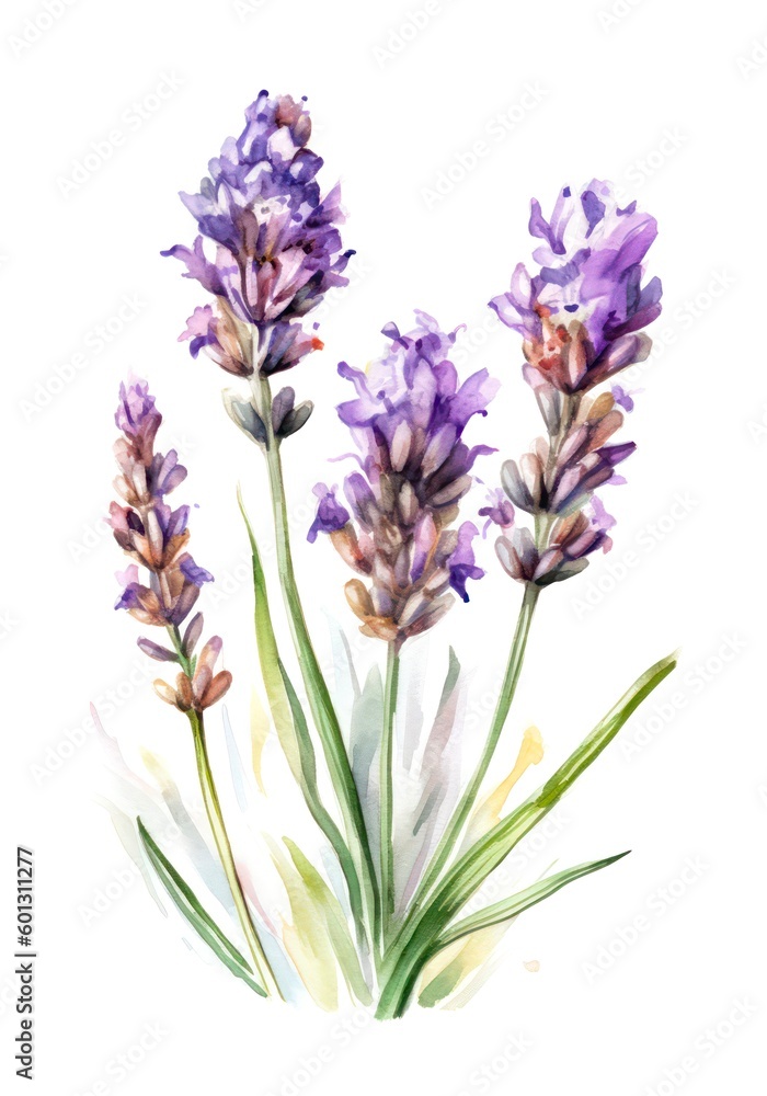 Fototapeta premium Watercolor illustration of lavender flowers on white background. Generative AI.