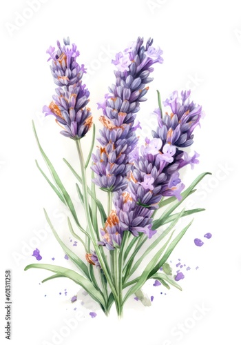 Watercolor illustration of lavender flowers on white background. Generative AI.
