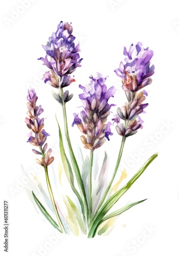 Watercolor illustration of lavender flowers on white background. Generative AI.