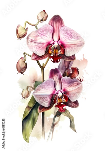 Watercolor illustration of beautiful orchids isolated on white background. Generative AI.