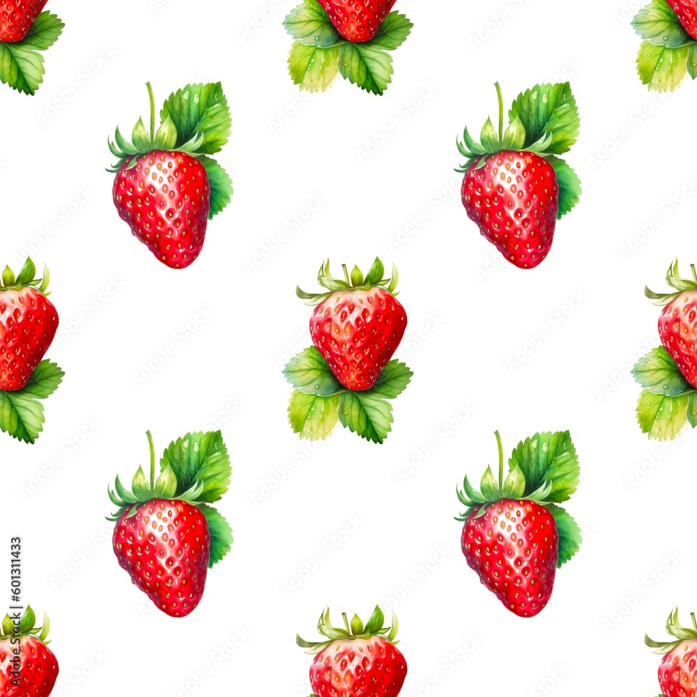 Seamless pattern with many strawberries isolated on white background in watercolor style. Generative AI. Seamless pattern with many strawberries isolated on white background in watercolor style. Generative AI.