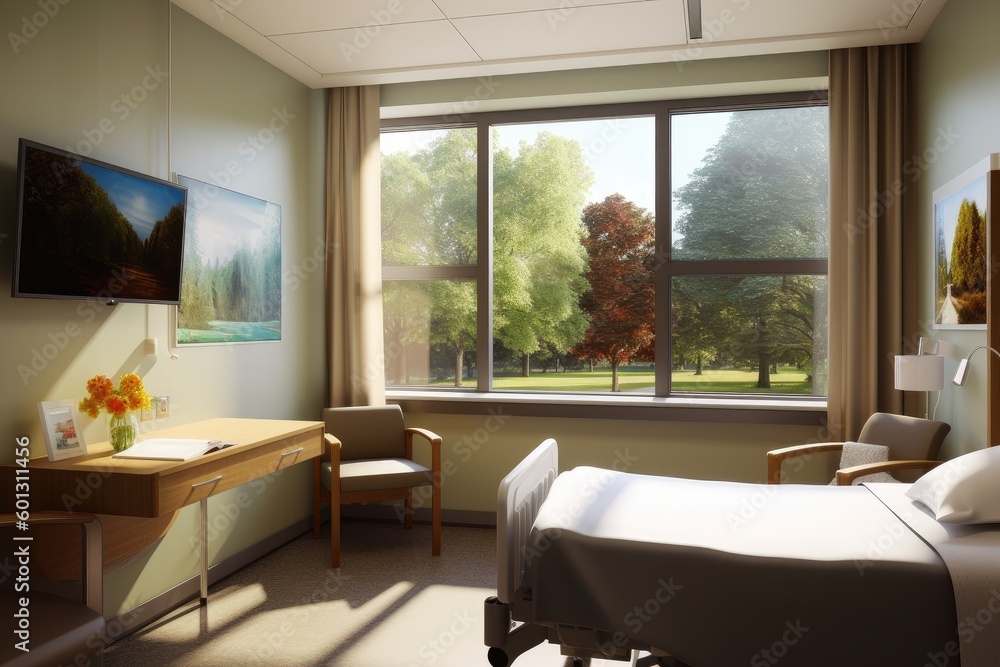 hospital room, with view of a park or garden, providing calming and peaceful setting for patients, created with generative ai hospital room, with view of a park or garden, providing calming and peaceful setting for patients, created with generative ai