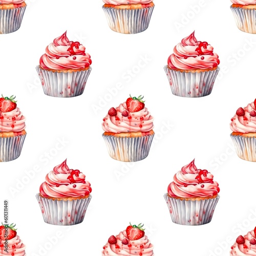Seamless pattern with many strawberry cupcakes isolated on white background in watercolor style. Generative AI.
