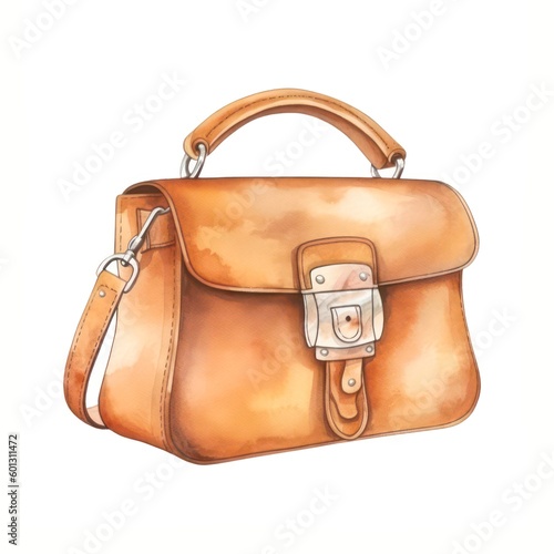 Watercolor illustration of a brown leather handbag isolated on white background. Generative AI.