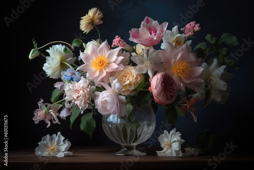 Wallpaper Mural pastel flowers in a crystal vase on dark background, created with generative ai Torontodigital.ca