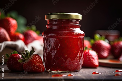 jar of homemade strawberry jam, with beautiful red color and natural fruit flavor shining through, created with generative ai