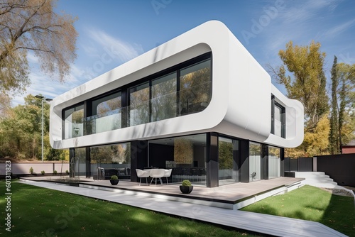 modernist house with minimalist exterior and futuristic interior design, featuring sleek lines, glossy surfaces and minimalistic detailing, created with generative ai © altitudevisual