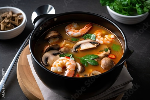 bowl of tom yam soup with shrimp and mushrooms, ready to be served, created with generative ai