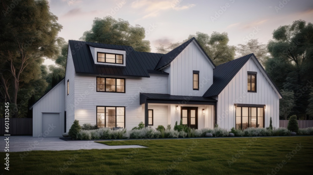 Modern large and spacious wooden house with white walls and black roof in Scandinavian style with a well-maintained yard surrounded by greenery and trees. Generative AI