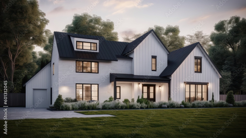 Modern large and spacious wooden house with white walls and black roof in Scandinavian style with a well-maintained yard surrounded by greenery and trees. Generative AI Modern large and spacious wooden house with white walls and black roof in Scandinavian style with a well-maintained yard surrounded by greenery and trees. Generative AI