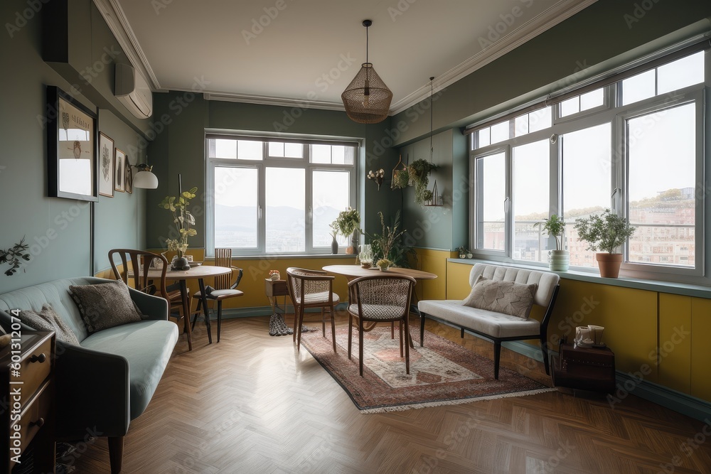Fototapeta premium lofie apartment, with eclectic mix of vintage and contemporary decor, and a view of the city skyline, created with generative ai