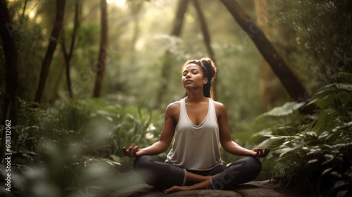 Woman practicing yoga in a tranquil outdoor setting, surrounded by lush greenery and the sounds of nature. The person is holding a pose, with their eyes closed and their breath steady. Generative AI