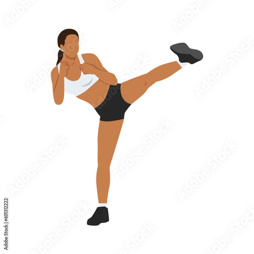 Woman doing Roundhouse side kicks. Side kick. Sport exersice. Woman doing exercise. Flat vector illustration isolated on white background