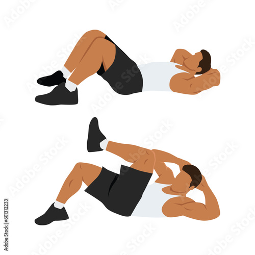 Man doing modified crunches. Abdominals exercise. Flat vector illustration isolated on white background