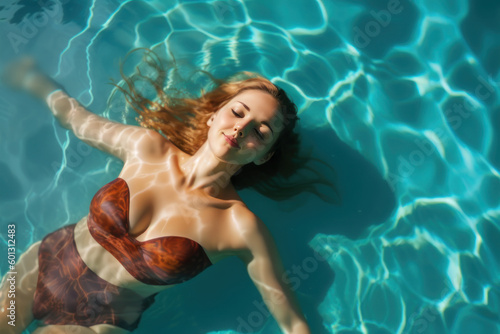 High angle view of woman relaxing in the swimming pool water with closed eyes. summer vacation. generative AI.