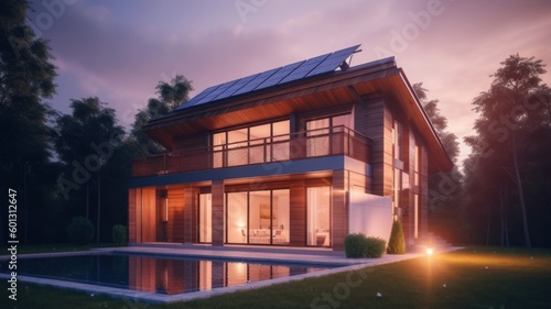 Modern two-story cottage with large windows, a spacious terrace, a swimming pool and solar panels on the roof. Evening and night time, spectacular lighting. The concept of smart home and Generative AI