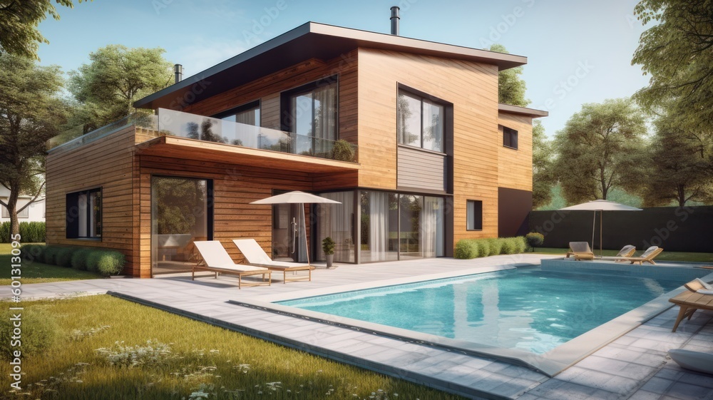 Modern stylish home with a minimalistic design, a spacious terrace and a swimming pool in the foreground. Modern minimalistic architecture. Generative AI