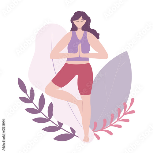 Colored flat vector illustration. Vector illustration in flat cartoon style. Woman meditating in nature and leaves. Concept illustration for yoga, meditation, relax, recreation, healthy lifestyl