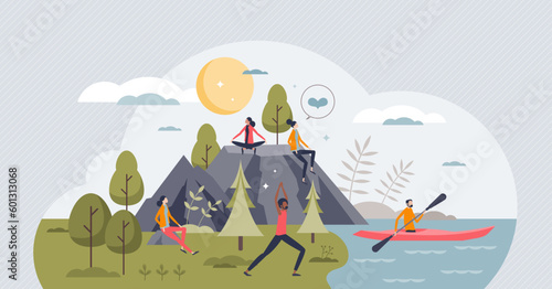 Mindfulness and active body training in nature for mental balance tiny person. Meditation, yoga, relaxation or sport exercises for body and soul enlightenment vector illustration. Outdoor recreation.