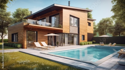 Modern stylish home with a minimalistic design, a spacious terrace and a swimming pool in the foreground. Modern minimalistic architecture. Generative AI © Georgii
