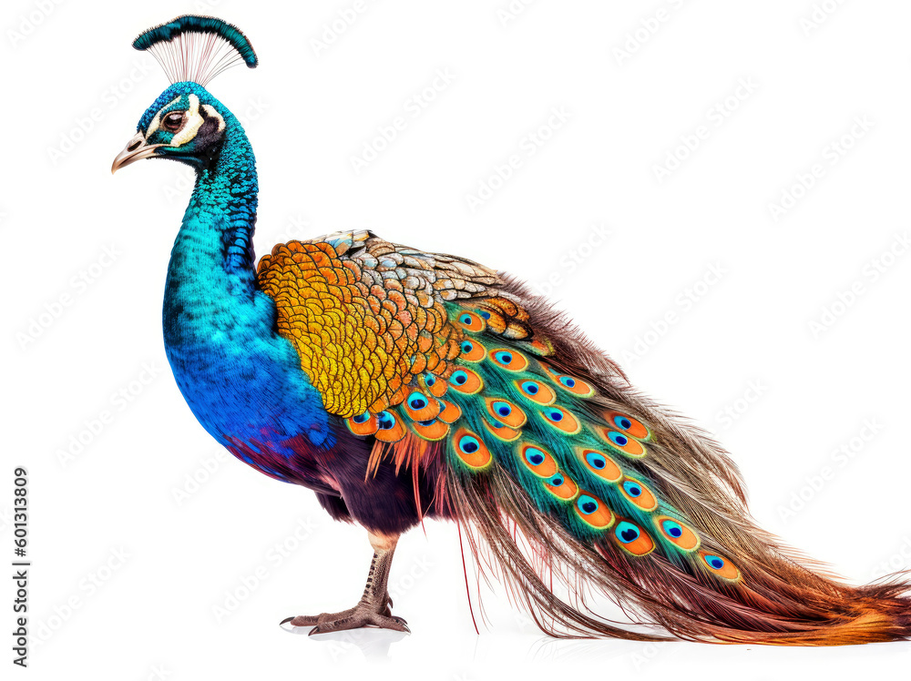 Fototapeta premium Photo of a colorful peacock on a white background
