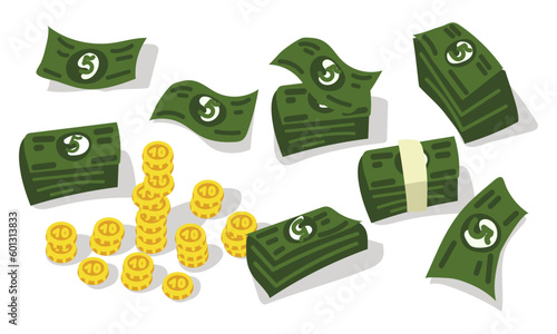 A set of green paper and gold coins. Packaging in bundles of banknotes, banknotes fly, gold coins. Saving, collecting money, bank. Flat vector cartoon money illustration. Objects isolated on white
