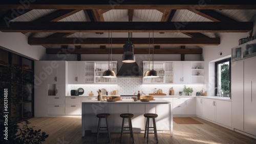 Modern stylish white kitchen in a spacious wooden house with large windows. Kitchen island with counter and bar stools. Generative AI © Georgii