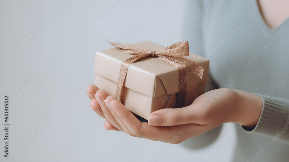 A gift box with a ribbon and a bow in women's hands. A gift for the spring holidays. A gift box with a ribbon and a bow in women's hands. A gift for the spring holidays.
