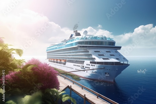 A luxurious white ocean cruise ship is moored at the pier on a tropical paradise island surrounded by greenery and flowers. Generative AI © Georgii