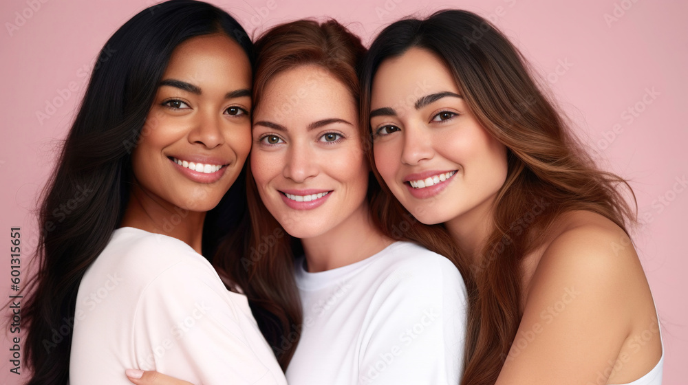 Multiracial women on a pink pastel background, cosmetic natural beauty models, diversity and inclusivity concept, healthy, generative ai Multiracial women on a pink pastel background, cosmetic natural beauty models, diversity and inclusivity concept, healthy, generative ai