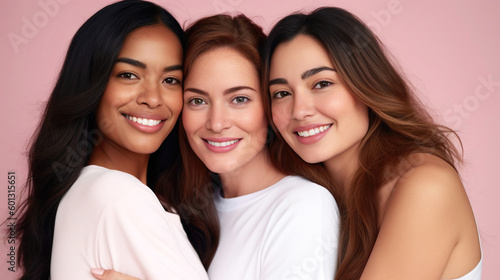 Multiracial women on a pink pastel background, cosmetic natural beauty models, diversity and inclusivity concept, healthy, generative ai