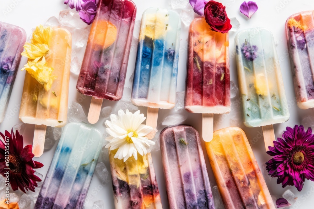 Flat lay photo of frozen popsicles and colorful edible flowers on white background. Natural summer dessert. Generative Ai